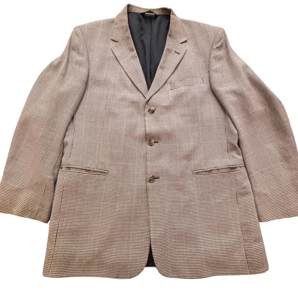 JOS. A. BANK Houndstooth Blazer 44L Brown Silk Wool Sport Jacket Preppy Classic